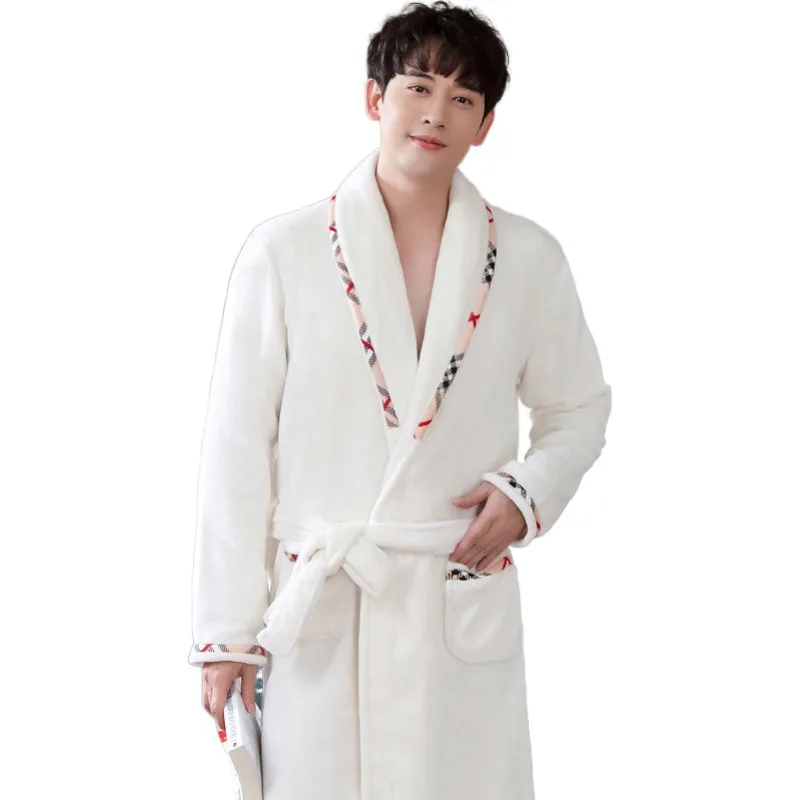 Men's Nightgown Coral Fleece Autumn and Winter New Loungewear Thermal Flannel Large Size Bathrobe Home Leisure Sleepwear Pajamas