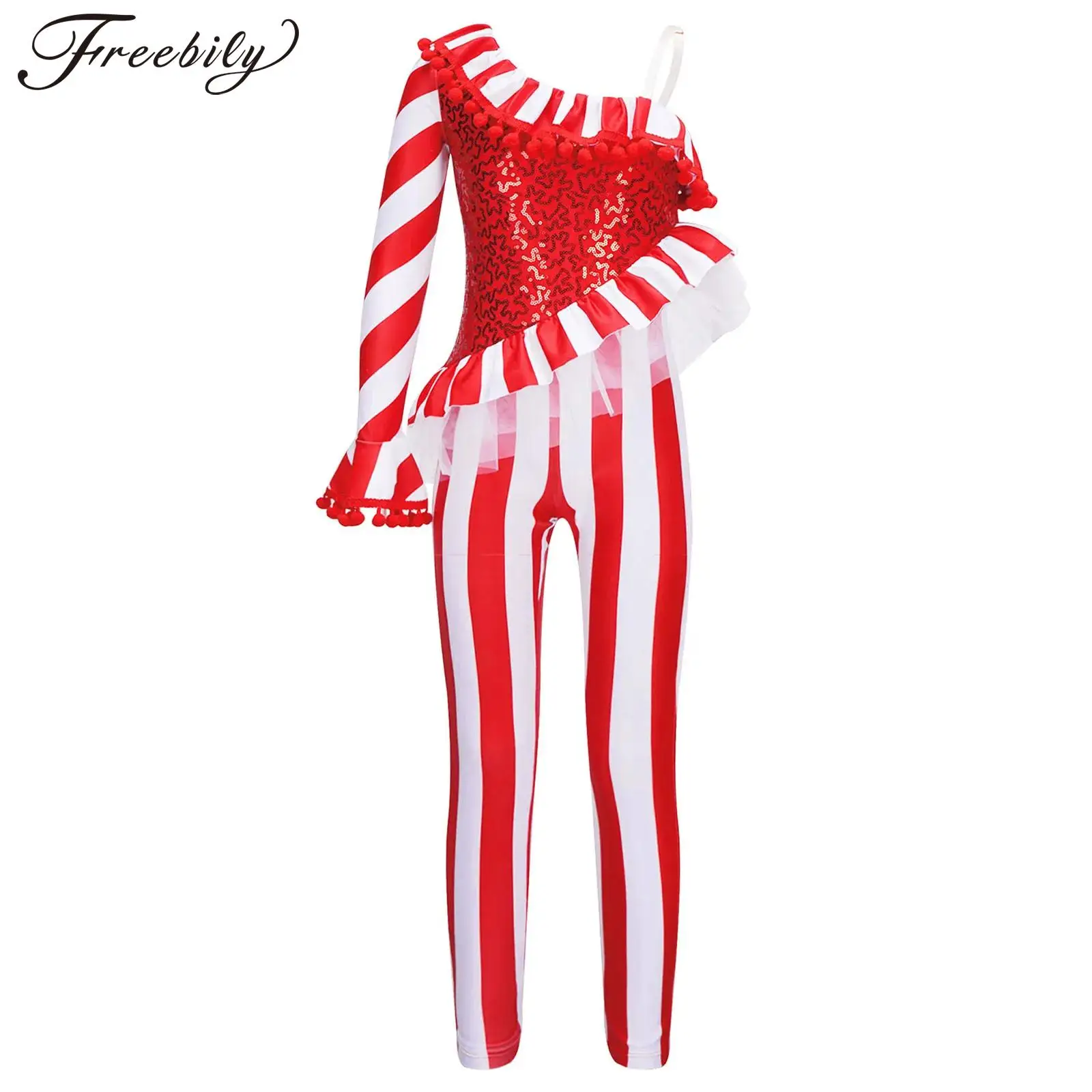 

Kids Girls Candy Cane Christmas Dance Unitards One Shoulder Sequin Bodice Stripe Jumpsuit Xmas Holiday Party Dancewear Costume