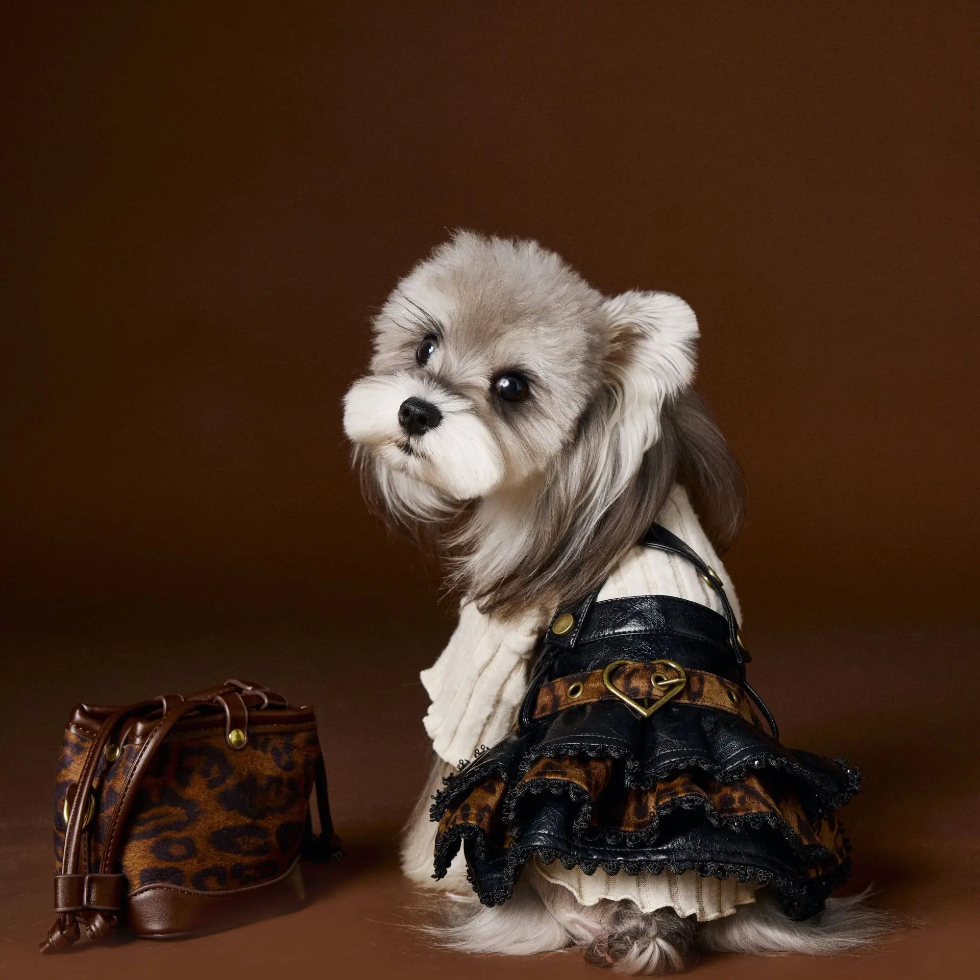 

American Hot Style Leopard Print Environmental Protection Pet Leather Skirt Little Dog Strap Midi Skirt With Back Belts