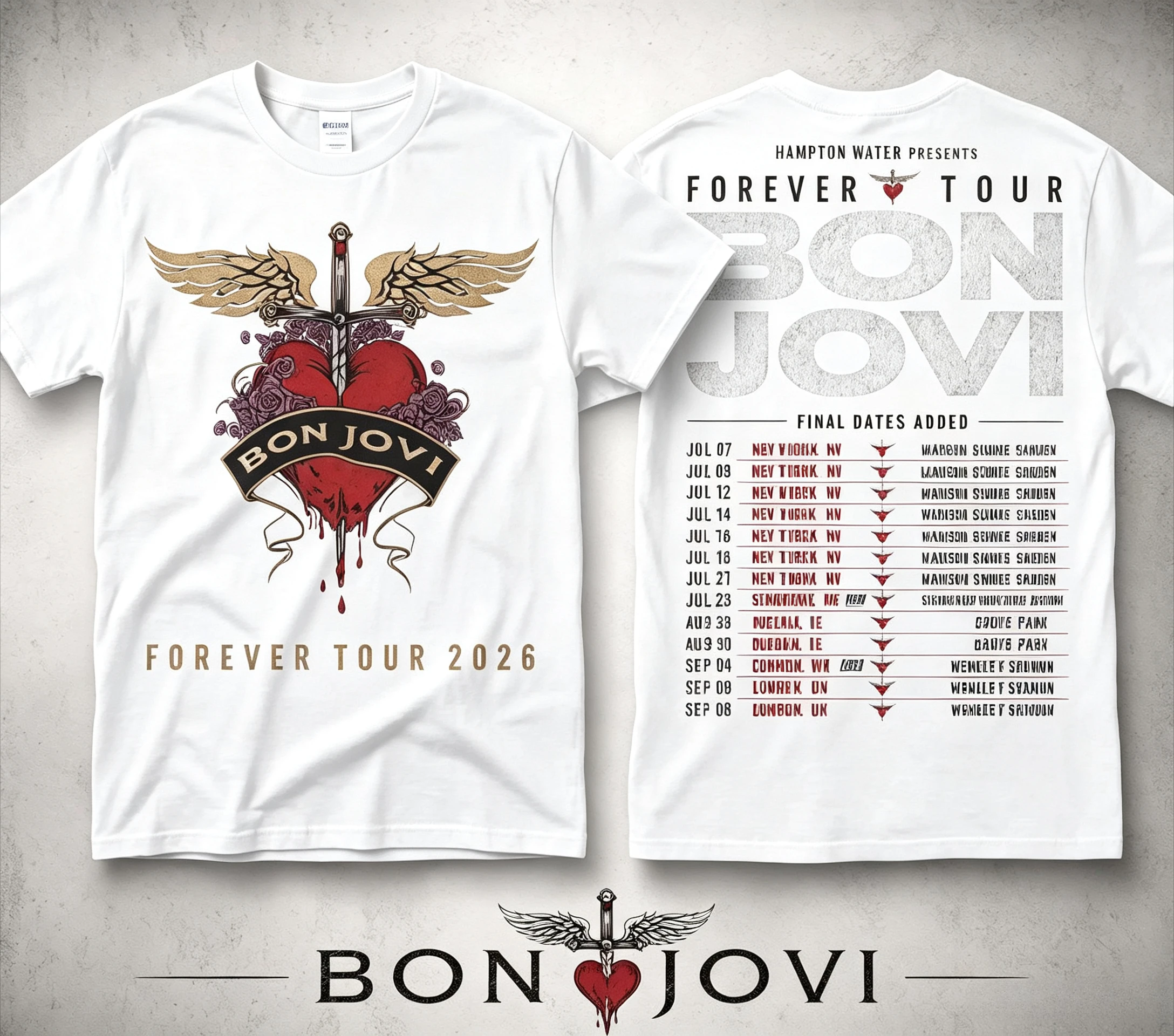 Forever Tour 2026 Bon Jovi Doppelseitig Bedrucktes T-Shirt Herz-Dolch-Flügel Grafik Rock-Musik-Fan Lässiges Baumwoll-Kurzarmshirt – Detail 4
