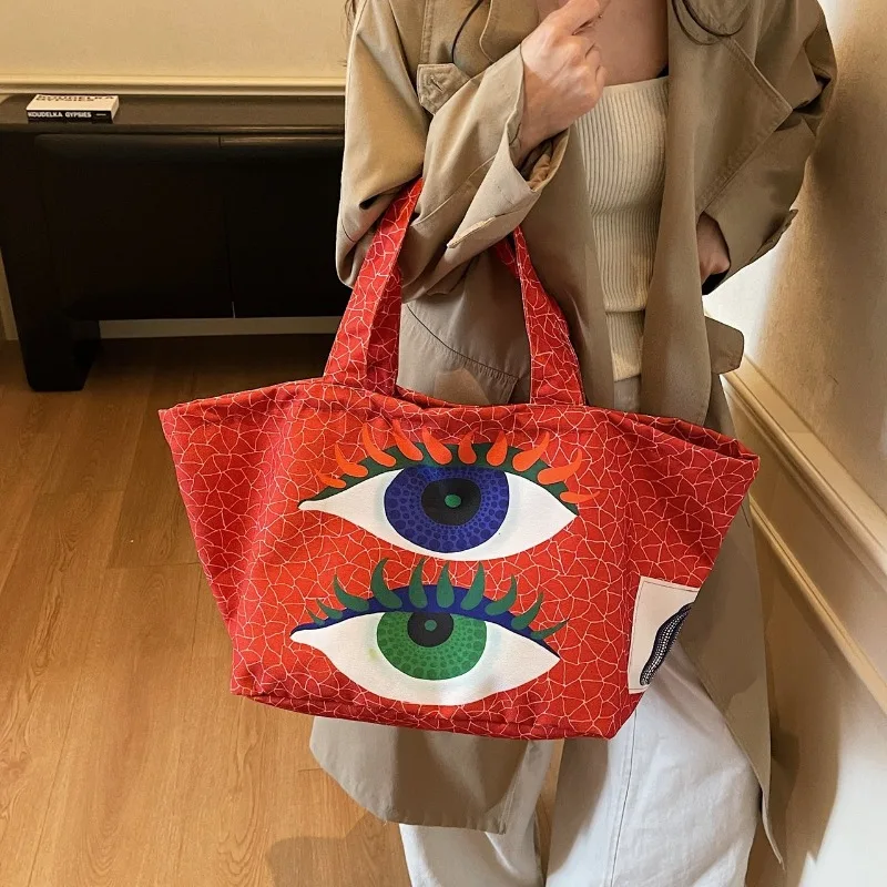 2026 New Retro Floral Pumpkin Print Tote Bag Large Capacity Canvas Handbag Cute Butterfly Eye Pattern Daily Shoulder Bag