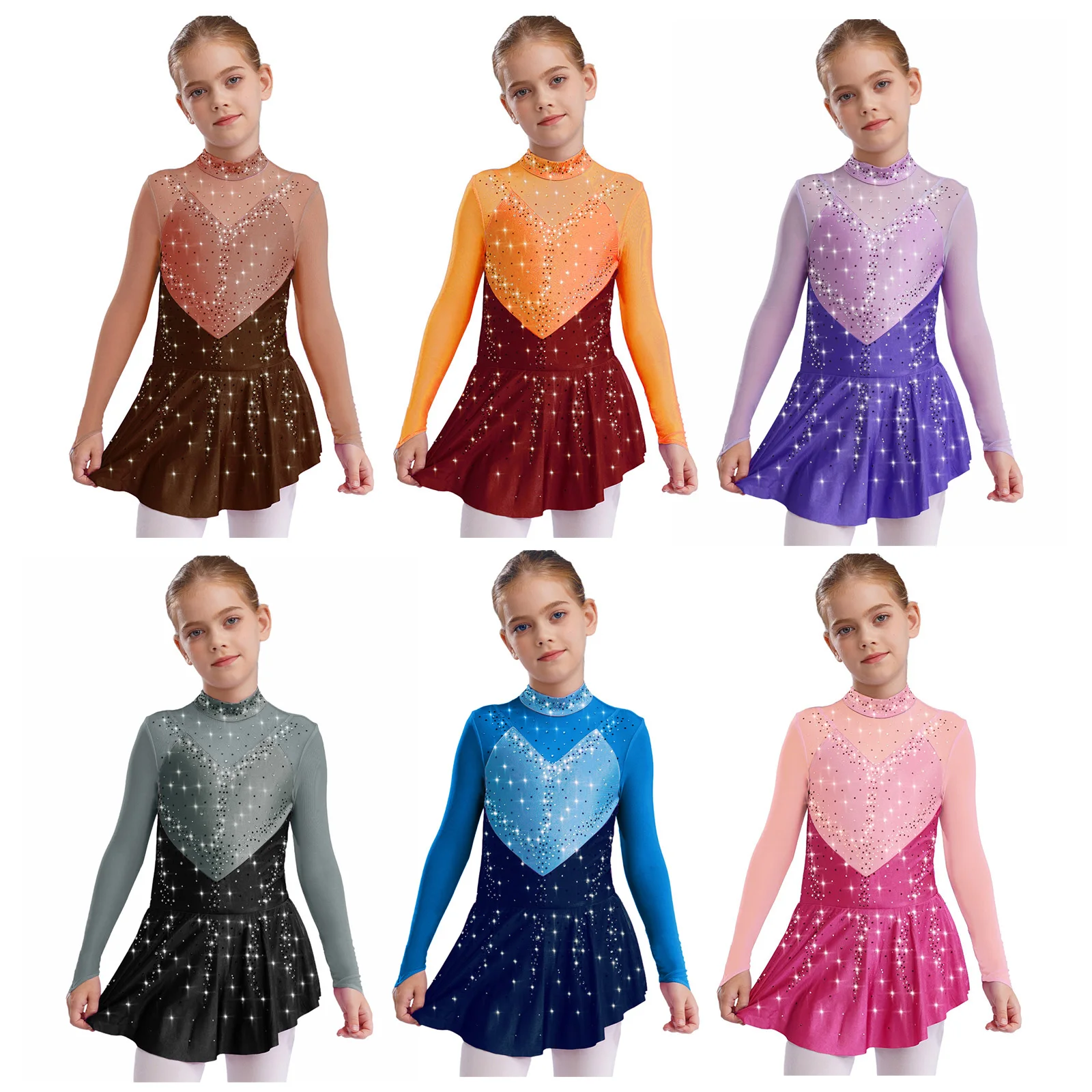 Kids Girls Figure Skating Dance Dress Ballet Lyrical Princess Costume Long Sleeve Color Block Mesh Rhinestones Leotard Dress