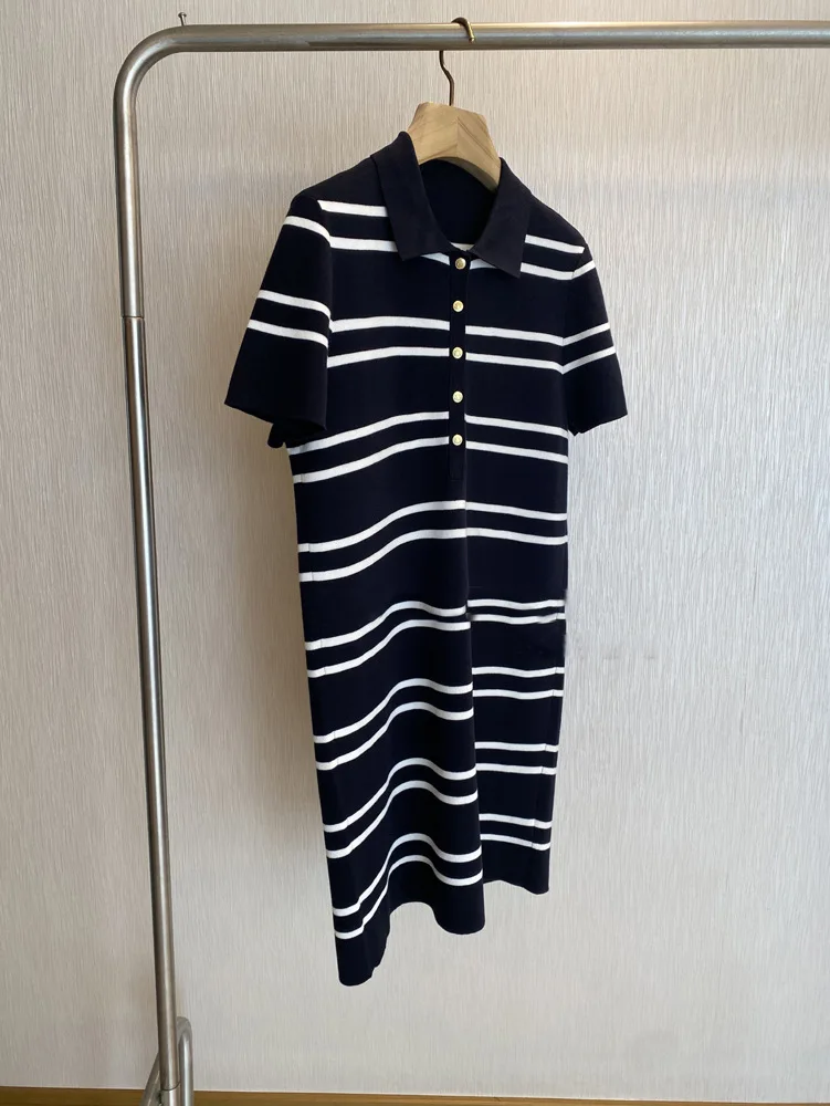 

Spring and summer women's casual striped lapel short sleeved knitted dress