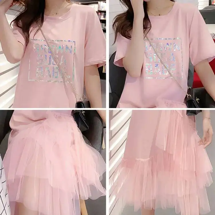 Reflective Letter Print Irregular Shirt Dress Women Layer Ruffles Mesh Long Dresses Summer Loose Casual High Street Sundress 3XL