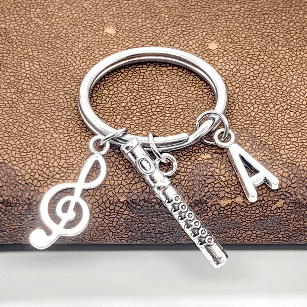 1Pc Music G Clef Keychains Initial A E J M Letter Charm Keyring Flute Pendant Keychain