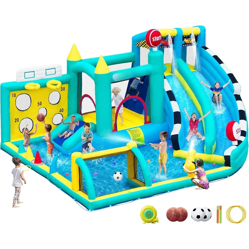 Надувной дом для прыжков с двойными водными горками и воздуходувкой, очень большой отказовный замок для детей, бассейна, прыжков, скалолазания