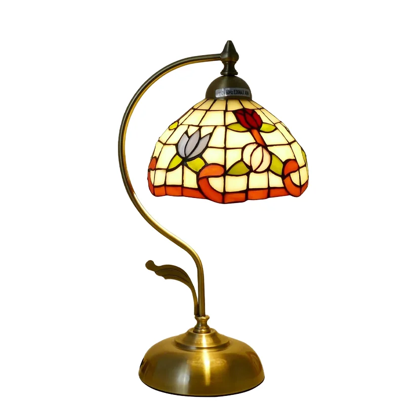 

Table lamp beautiful flower retro curved reading bedside night lamp, gift colored glass antique