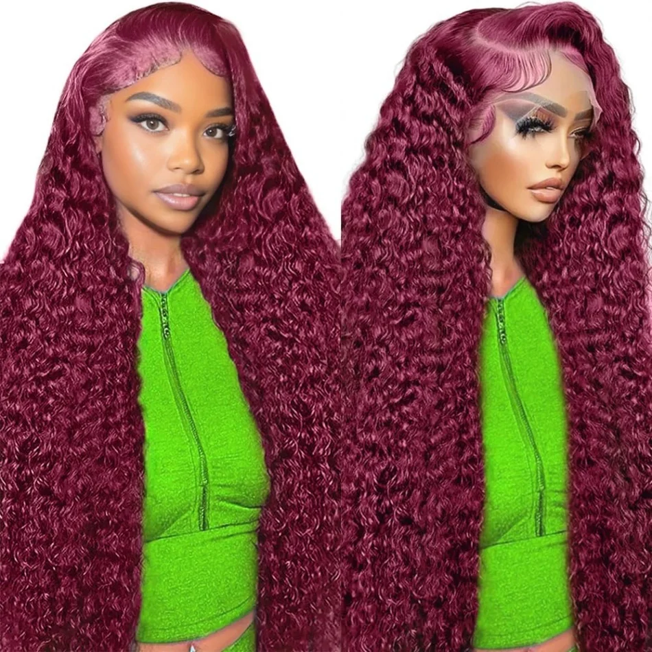 

HD Transparent Lace 210 Density 13x4 13x6 Full Frontal Lace 99j Burgundy Preplucked Colored Deep Wave Frontal Human Hair Wig