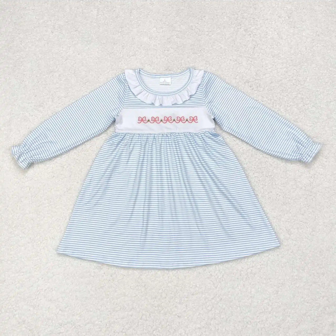 

Baby Girls embroidery bows Dress toddlers Wholesale Boutique Clothing Children Kids long Sleeves blue stripe twirl Skirts