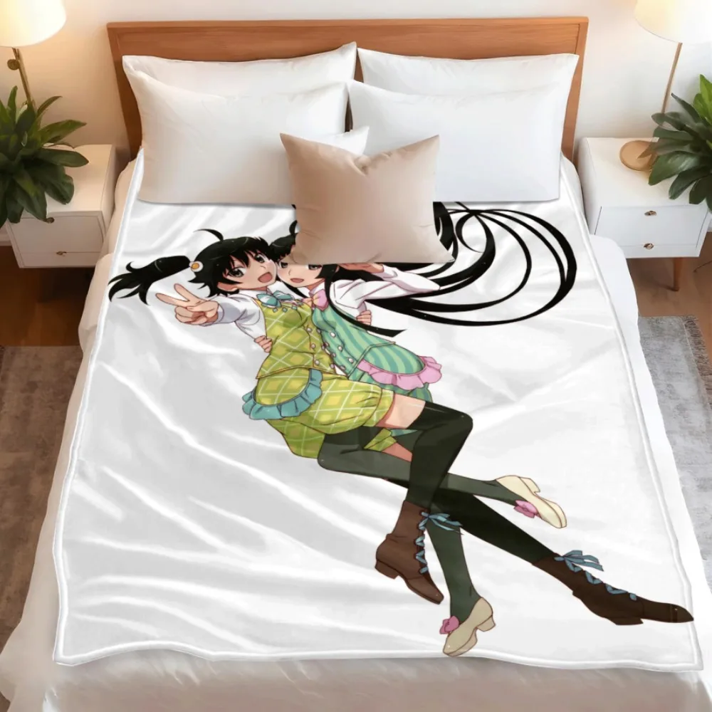 Anime Flannel Throw Blanket Karen Tsukihi Twin Girls Black Long Hair Cute Outfit Warm Sofa Bedding Gift