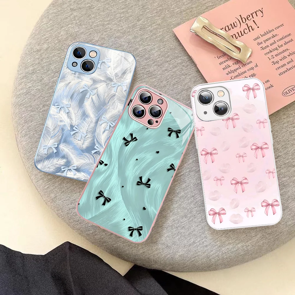 

Luxury Laser Silver Bow knot Phone Case Tempered Glass For iphone 14 13 12 11 Pro Mini XS MAX 14Plus X XS XR Cover