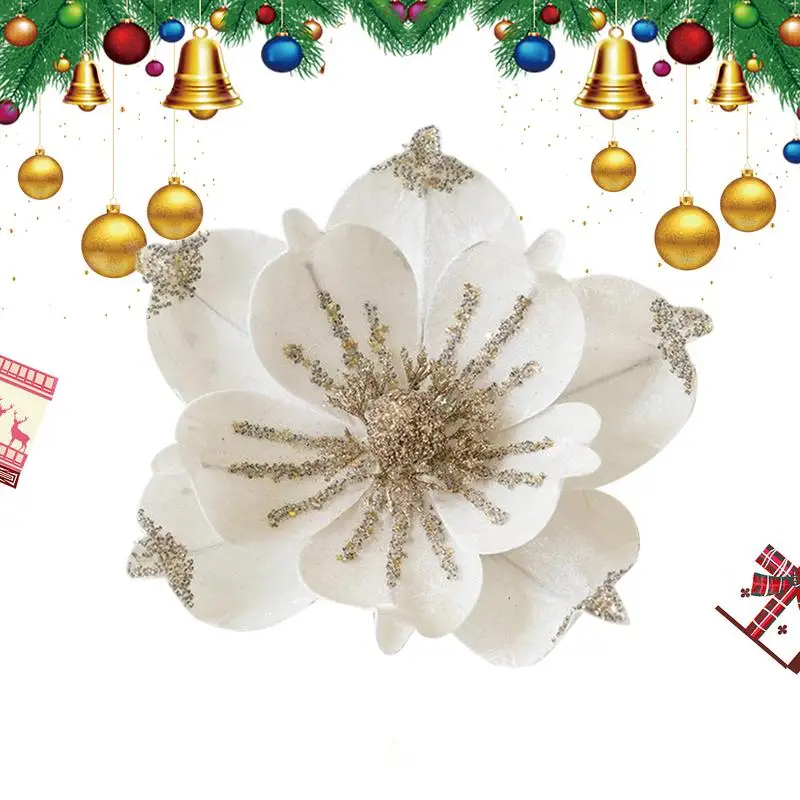 Glitter Magnolia For Christmas Tree Artificial Magnolia Christmas Ornament With Glitter Sequins Glitter Fake Magnolia Flowers