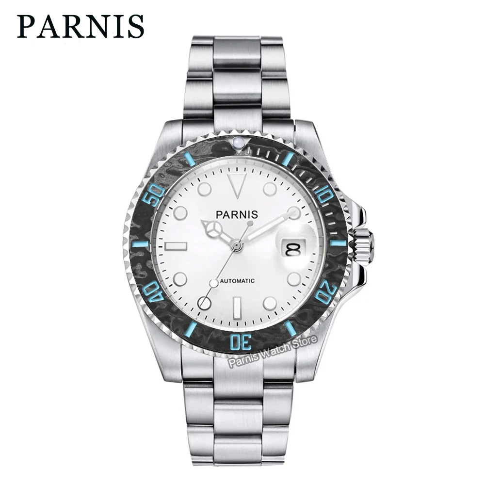 Parnis 40mm Sapphire Glass Mechanical Automatic White Dial Luminous Marker Carbon Fibre Bezel Men Boy Watch