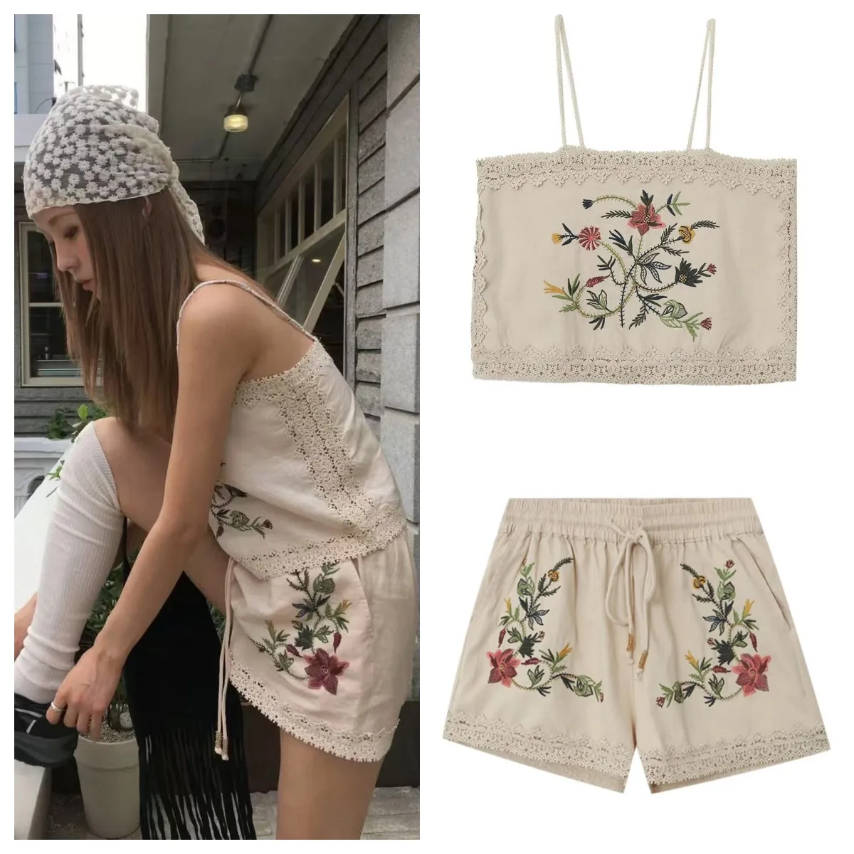 

ETJ 2025 summer new TRAF women's fashion exquisite embroidery lace decorative halter top & mid-waisted casual shorts