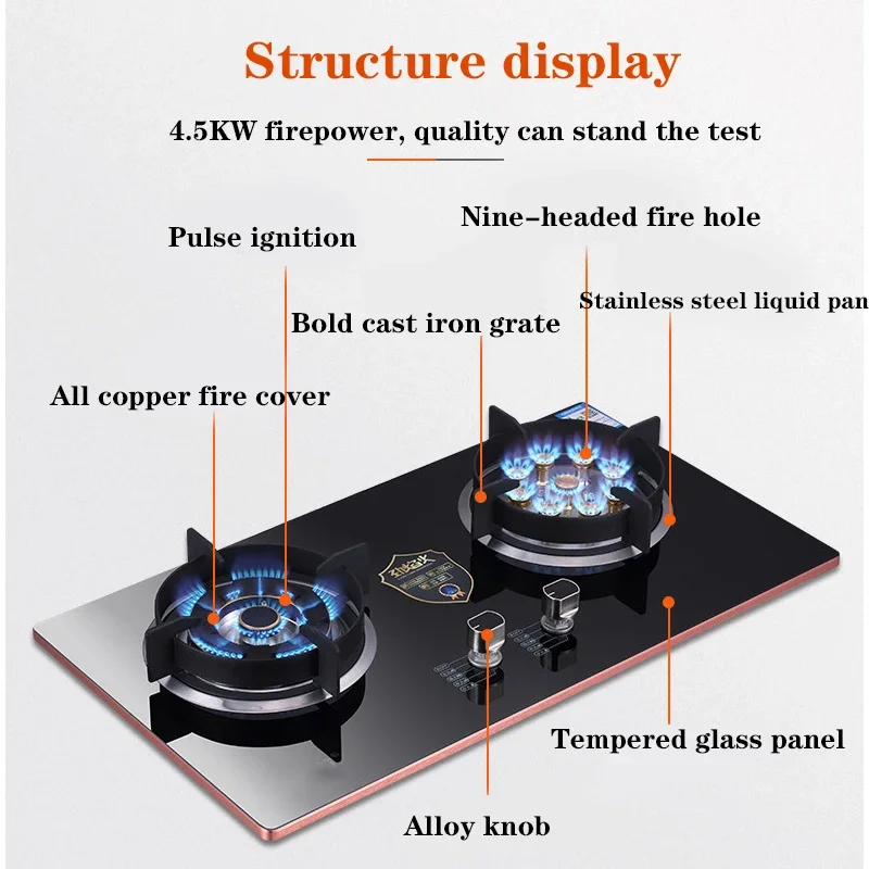 4.5KW Double-Eye Fierce Fire Burner/Liquefied Petroleum Natural Gas Stove/Gas Stove/Toughened Glass Panel/Electronic Pulser