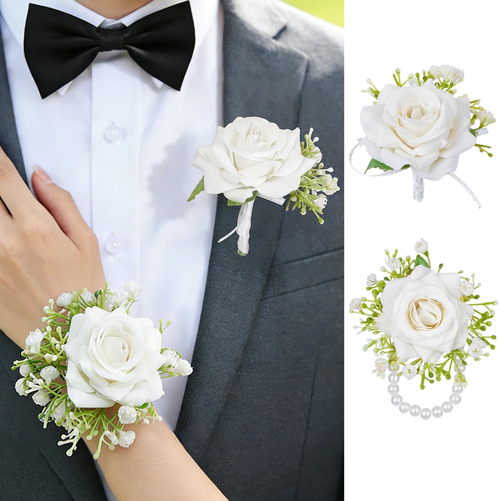 Corsage de muñeca y boutonniere de gypsophila y rosas blancas, pulseras de corsage de flores artificiales para graduación, para bodas y fiestas de graduación.