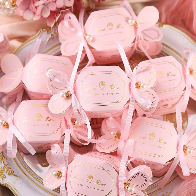 20/30/50pcs Pink Cardboard  Box Wedding Christening Details for Guests Party Favors Green Paper Candy Shaped Gift Boxes