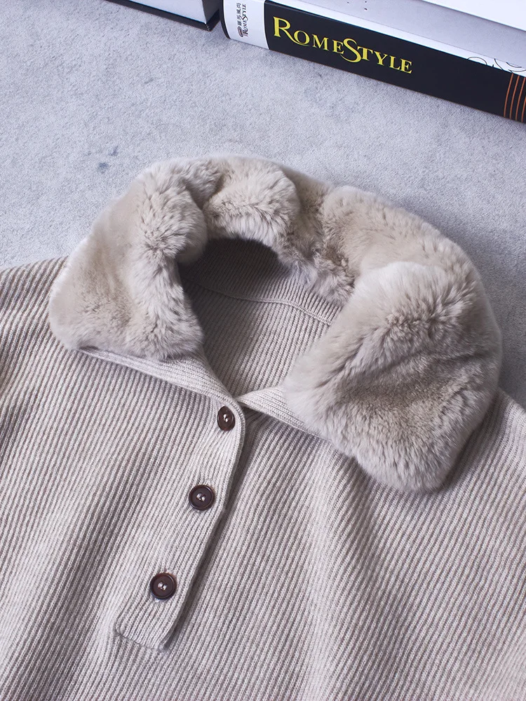 Sweater Kasmir Musim Dingin Kerah Bulu Lepas Model Longgar Serbaguna Rajutan Tebal