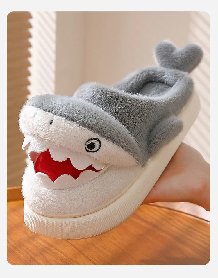 New winter shark flip flops women men living room shoes women fuzzy slide slipper house shoes warm animal fish slipper home