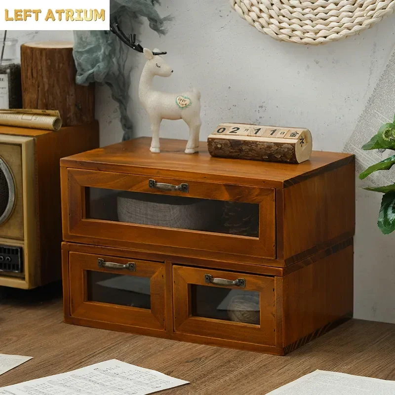 Wooden Drawer Storage Box Computer Monitor Office Desktop  Increased Shelf Cabinet Dressing Table Organizer