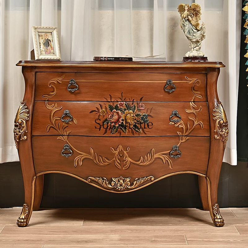 

American furniture retro three-bucket cabinet living room partition decoration solid wood carving flower large capacity storage