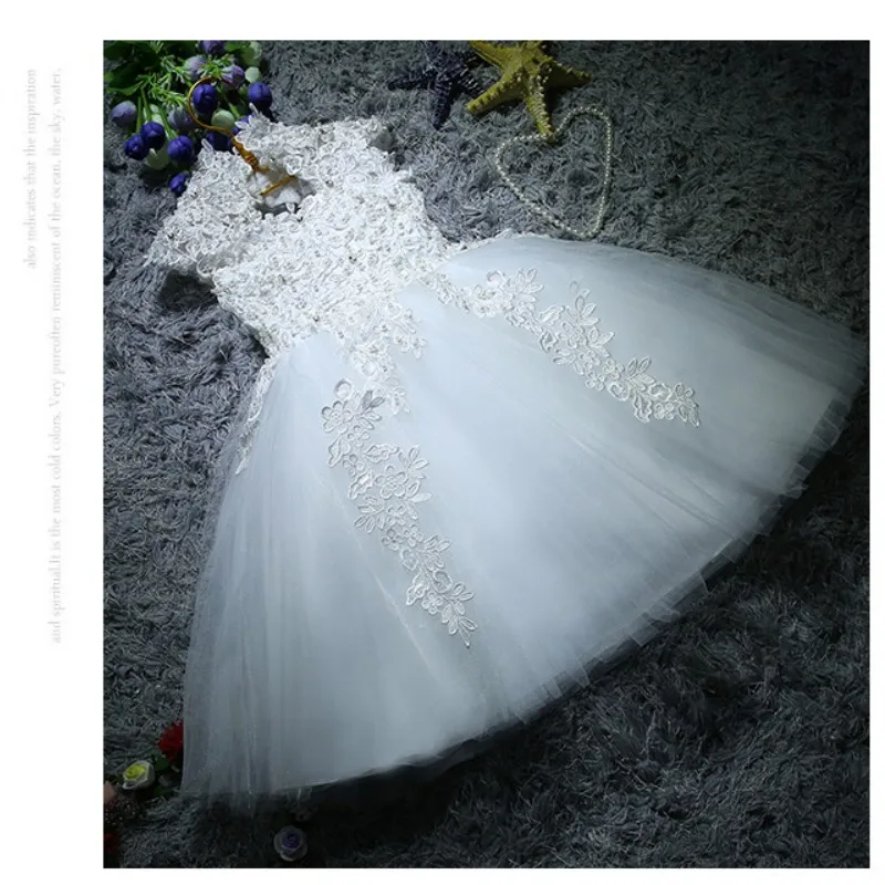 Sequin Lace Girl Summer Dress Flower Girl Wedding Dresses White Tulle Girl Party Princess Birthday Dress First Communion Gown