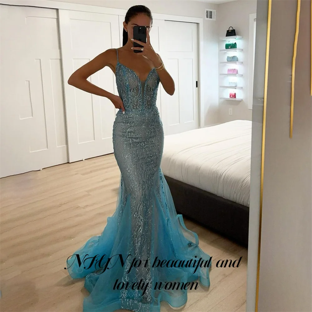 

NFYN Blue Mermaid Evening Dress for Woman Spaghetti Strap Night Dress Glitter Sequin Shiny Celebrity Dress Gown Customized