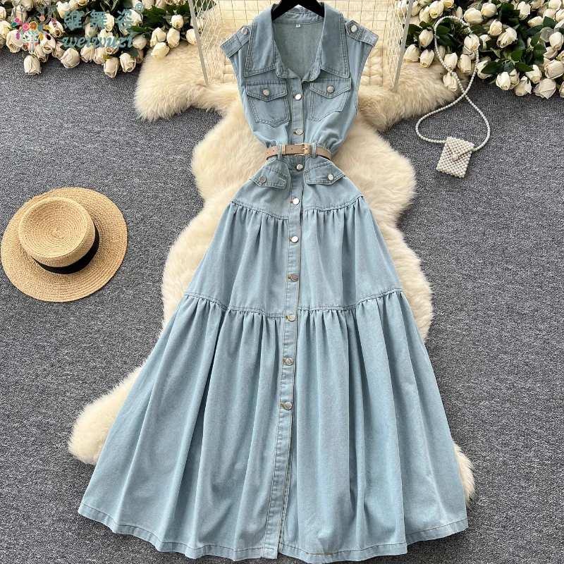 

Vintage Elegant Denim Dress Turn-downCollarSingle Breasted Beach Party Dress Vacation Midi Dress Women Fashion Summer Long Skirt