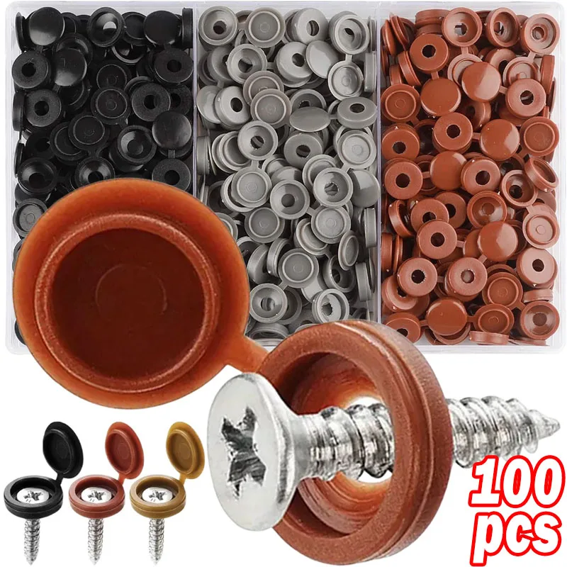 100Pcs Hinged Plastic Screw Cap Cover Nuts Fold Snap Protective Cap Button Screw Wood Furniture Decorative Nuts Bolts Hardware