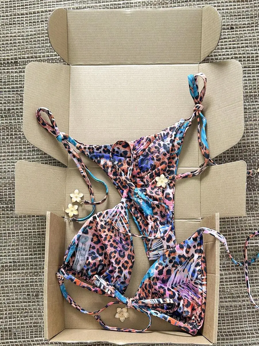 

Leopard Print Tie Side Bikini Set For Women With Floral Embellishments