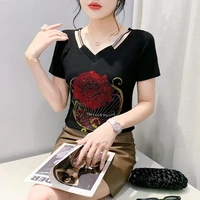 Korean Summer Clothes For Women Fashion Shiny Diamonds Flower T-Shirt Tops Female Sexy Elegant V-Collar Shirt Tees