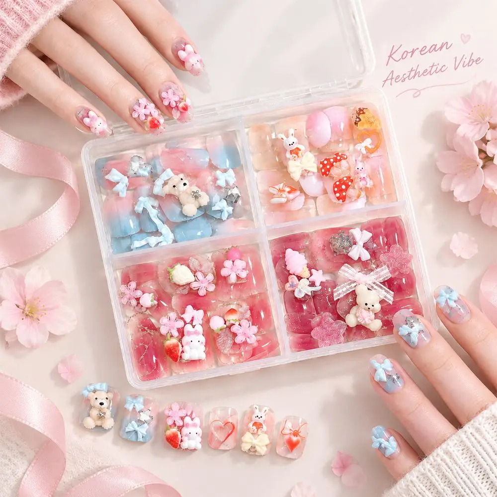 96Pcs Mixed PressOn False Nails 4Grid Box 3D Sweet Bear Rabbit Charms Reusable For Party Daily Wear Women Manicure Accessories