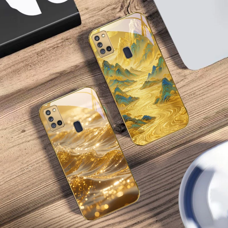 المشهد الذهبي لسامسونج A 31 32 A33 A34 35 14 A15 13 16 25 26 50 52 53 54 55 56 70 71 72 73 حافظة هاتف زجاجية ذهبية