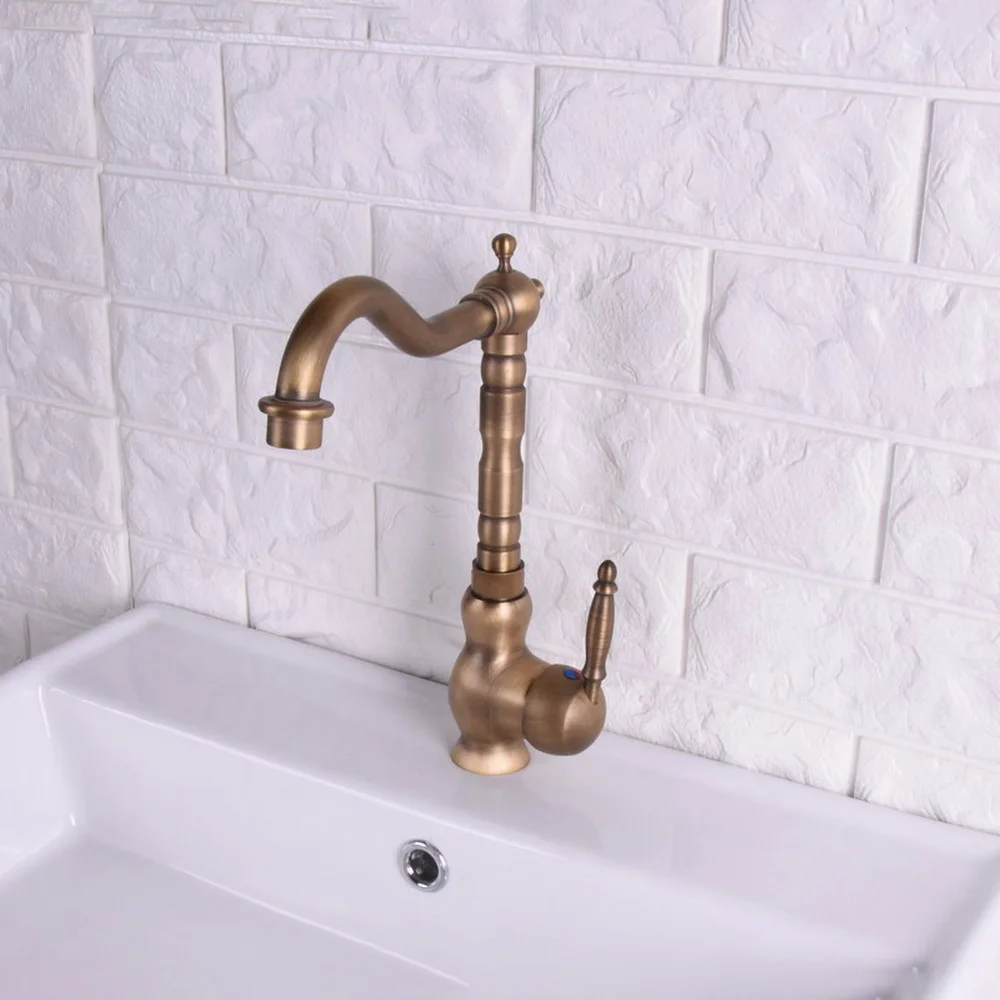 

Antique Brass Kitchen Bathroom Basin Sink Faucet Vessel Tap Mixer Tap Swivel Spout Single Hole Deck Mounted Lsf118