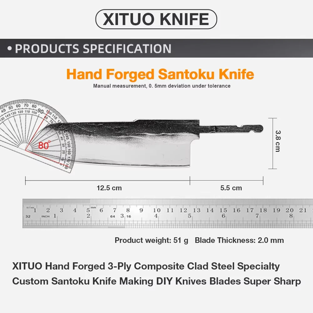 XITUO Japanese Kitchen Santoku Knife Blank Handmade Forged 3-Layer Composite Clad Steel Vegetable Knife Sharp Making DIY Knives