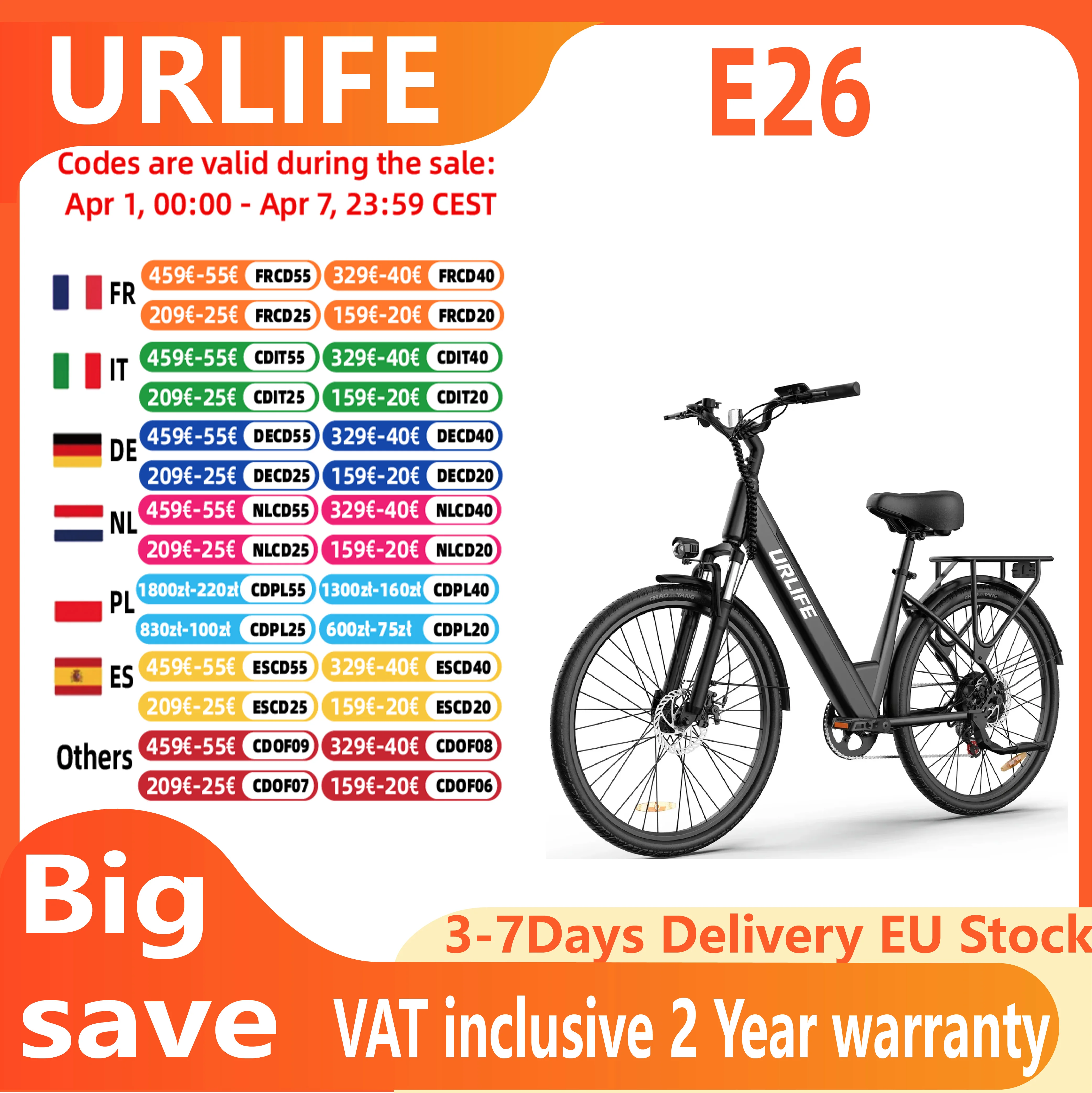 Vélo électrique URLIFE E26 Adult Premium Edition, moteur 250W, vélo électrique pour trajets urbains, 48V 10.4AH, pneus de 26 pouces
