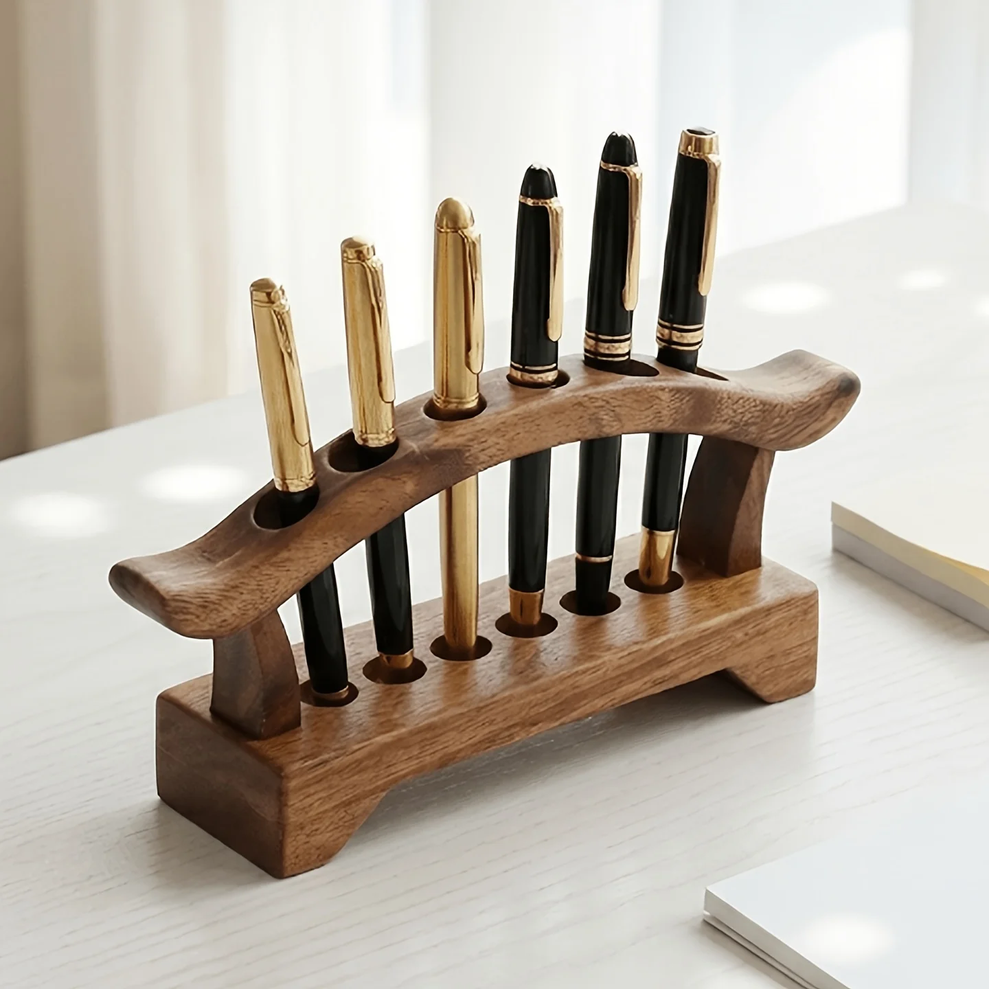 1 Pc Walnut Wood 6-Slot Pen Holder, Minimalist Vintage Desk Organizer for Office School Home, Makeup Brush Storage Rack