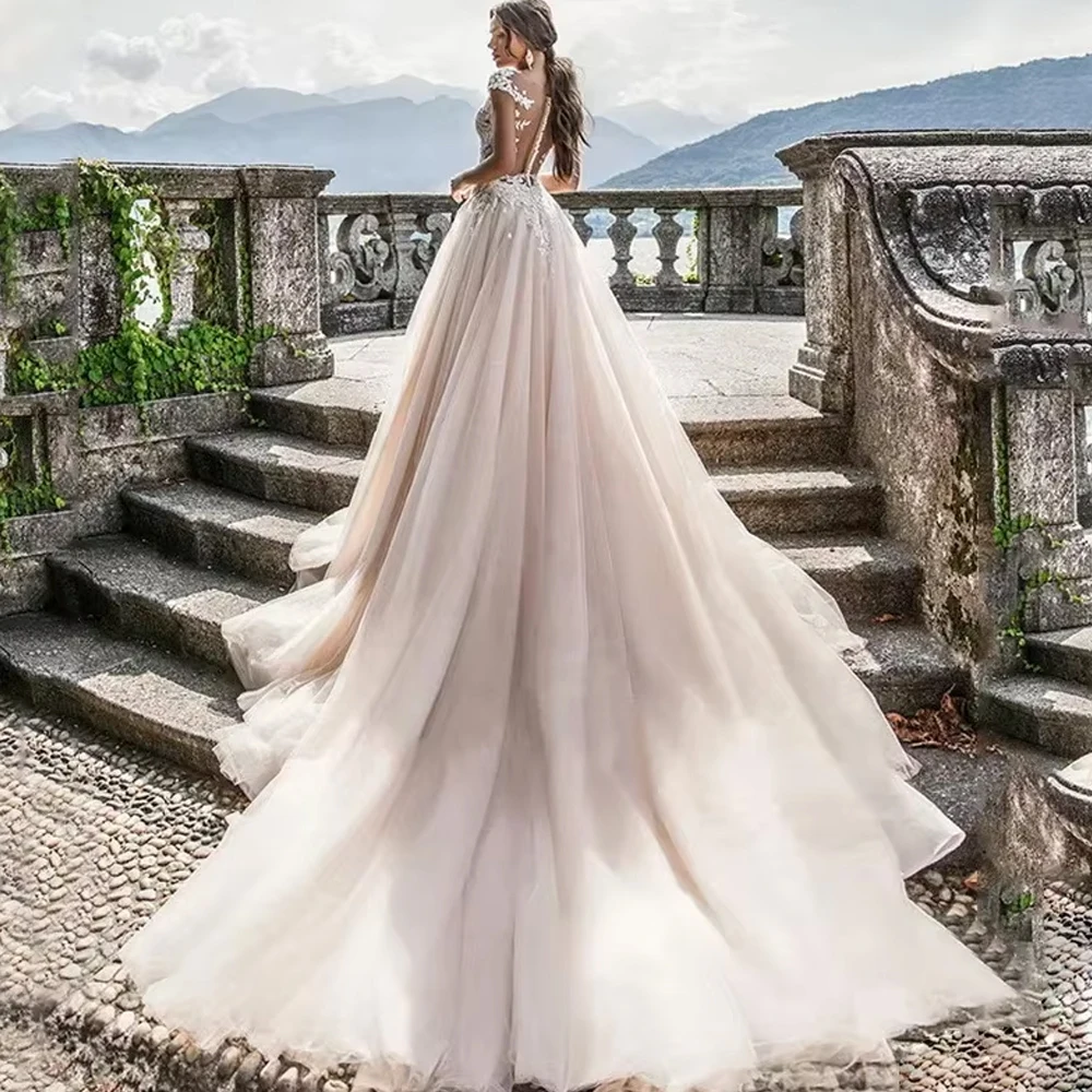 Customized Sweet And Elegant Women's Boat Collar A-line Decal Lace Bridal Dress With Trailing Hat Sleeves Church Bridal Gown