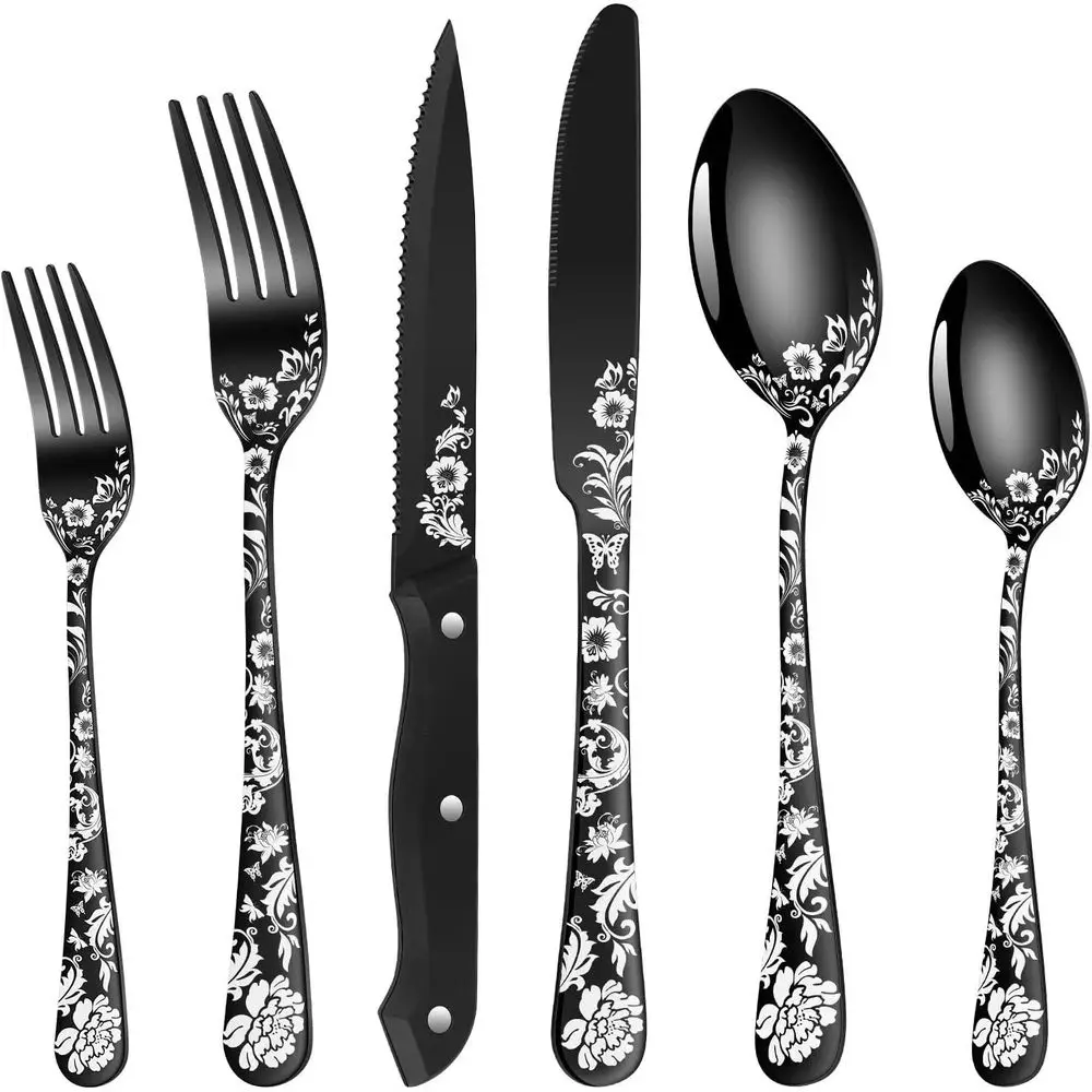 

48-Piece Black & Silver Cutlery Set with Steak Knives, Mirror Polished, Dishwasher Safe