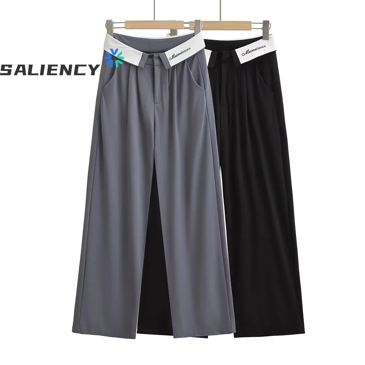 

Vintage High Waist Colorblocking Straight Leg Pants Draped Casual Suit Trousers Women Clothing Baggy Pants