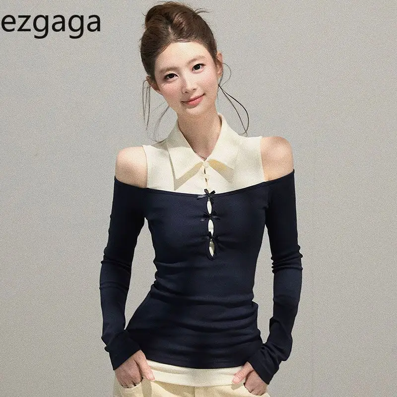 

Ezgaga Women T Shirts Sexy Long Sleeve Off Shoulder Slim Bow Patchwork Fake Two Piece Crop Tops Y2k Aesthetic Fashion Tee