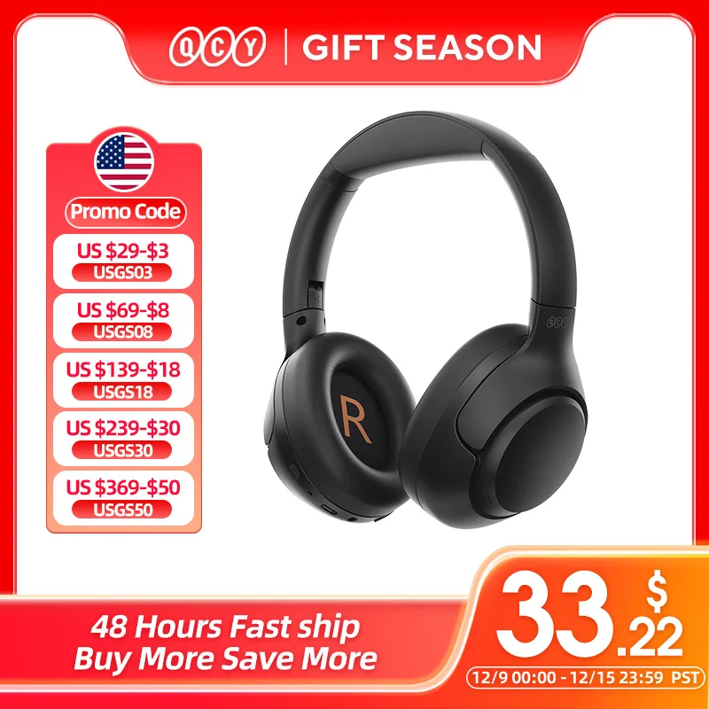 QCY H3 ANC Wireless Headphones Bluetooth 5.4 Hi-Res Audio Over Ear Headset 43dB Hybrid Active Noise Cancellation Earphones 60H