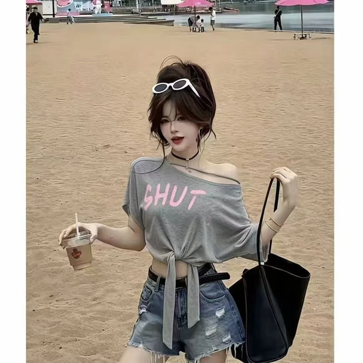 Fashionable Combed Cotton Short Sleeve T-Shirt with Letter Print And Side Shoulder Design for Women Moisture Wicking Short Le...