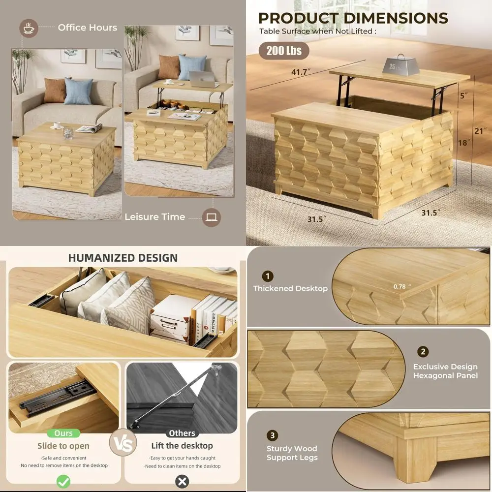

Квадратный журнальный столик с местом для хранения, журнальный столик с 31,5-дюймовым скрытым отсеком для хранения для гостиной, натуральная отделка