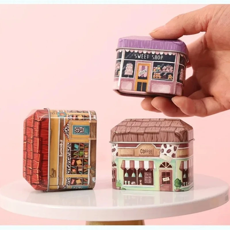 Mini Shop Design Collectables Tin Box Little House Seal Storage Box Candy Chocolate Container Small Packing Gifts for Kids Girl