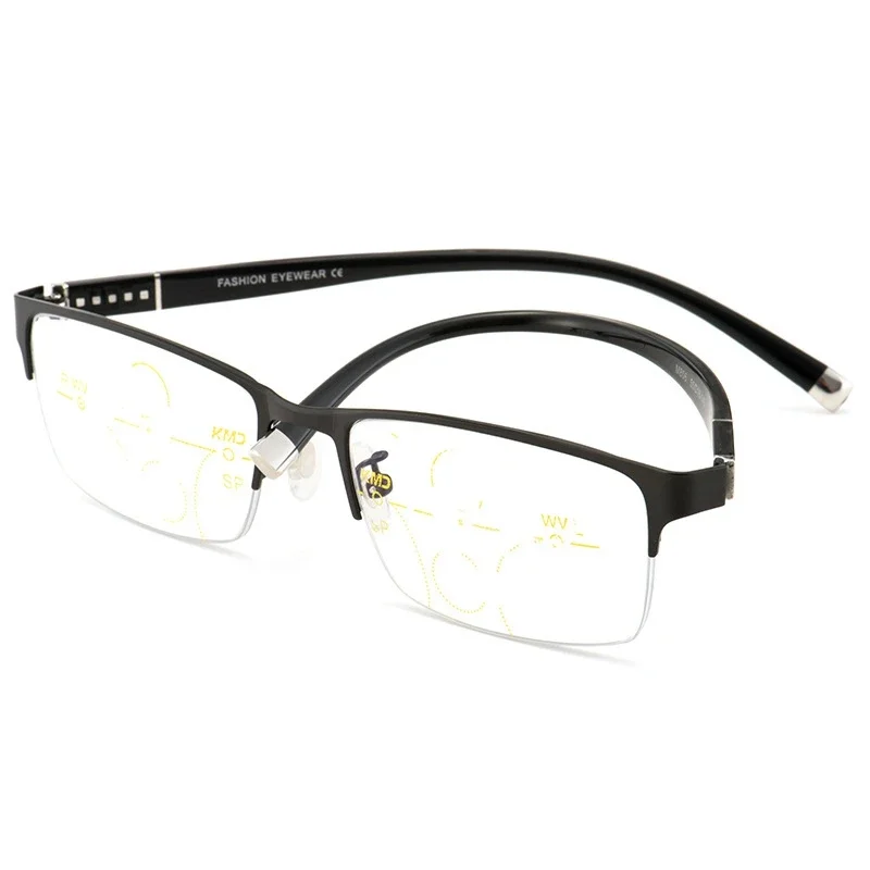 Progressive Reading Glasses Men Multifocal TR90 Customized Presbyopia Glasses Anti Blue Light Half Frame Black 175