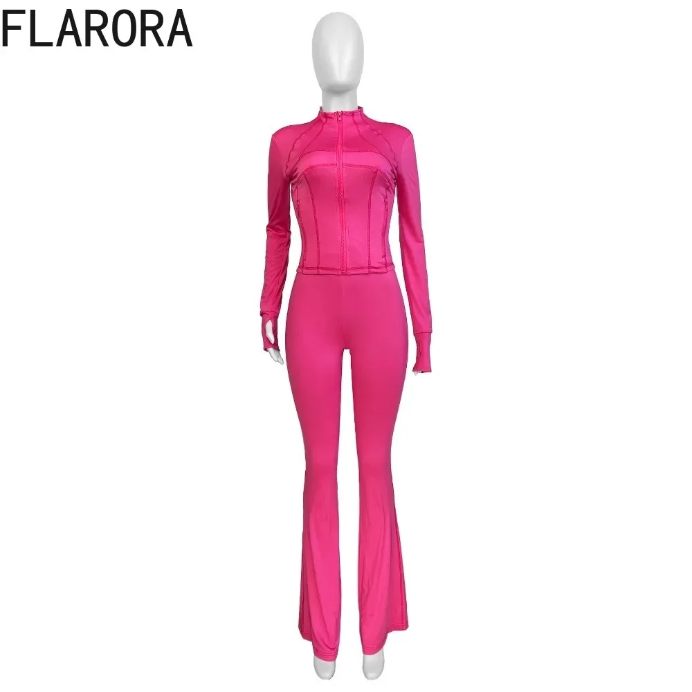 FLARORA Autumn Winter Tracksuit Two Piece Sets Woman Solid Slim Zipper Jacket And Flared Pants Set Casual Yoga Set Jogger Suits