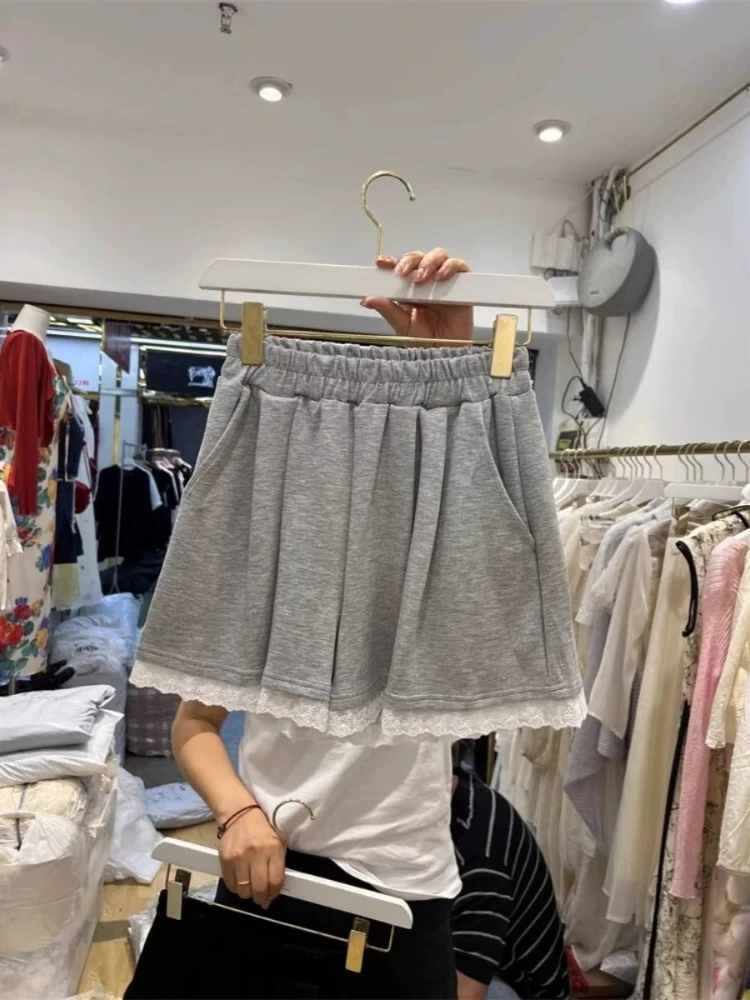 Lace Patchwork Pantalones Cortos De Mujer Casual Straight Shorts Women's 2026 New Bottoms Elastic Waist Fashion Wide Leg Pants