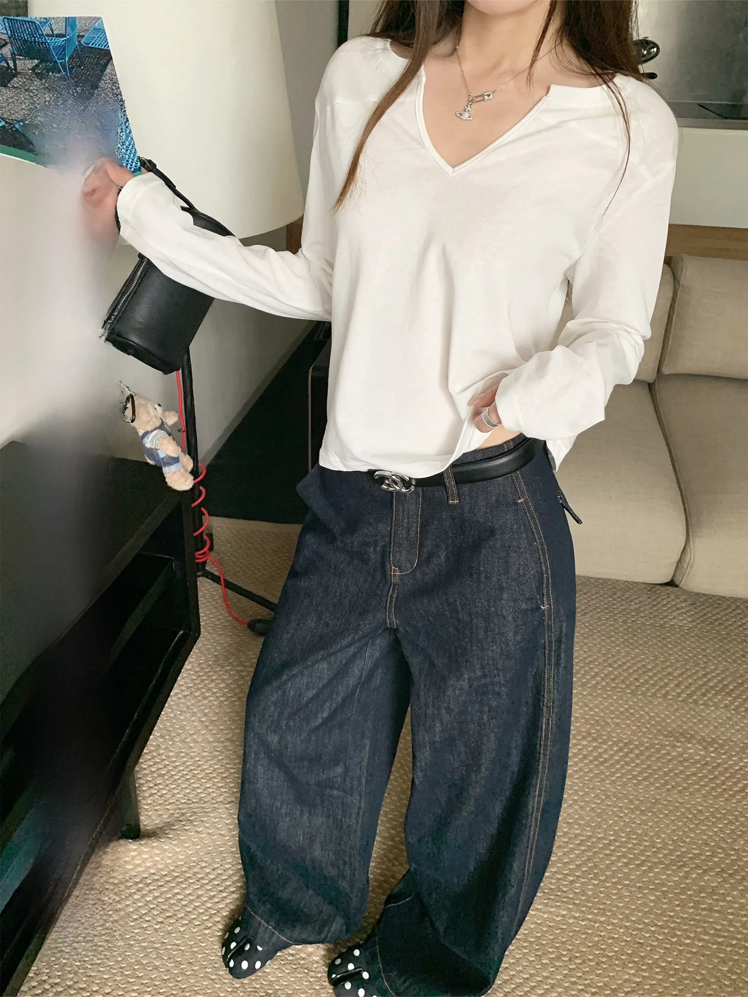 

High Waist Wide Leg Classic Original Cow Silk Denim Jeans Women Summer Thin Slimming Versatile Casual Hhyii