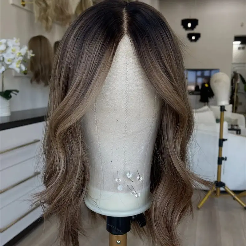 New In 13x4 Middle Part Brown Mixed Blonde Synthetic Lace Front Wig Wig Short Wave Bob Realistic Natural Looking Large Small Cap